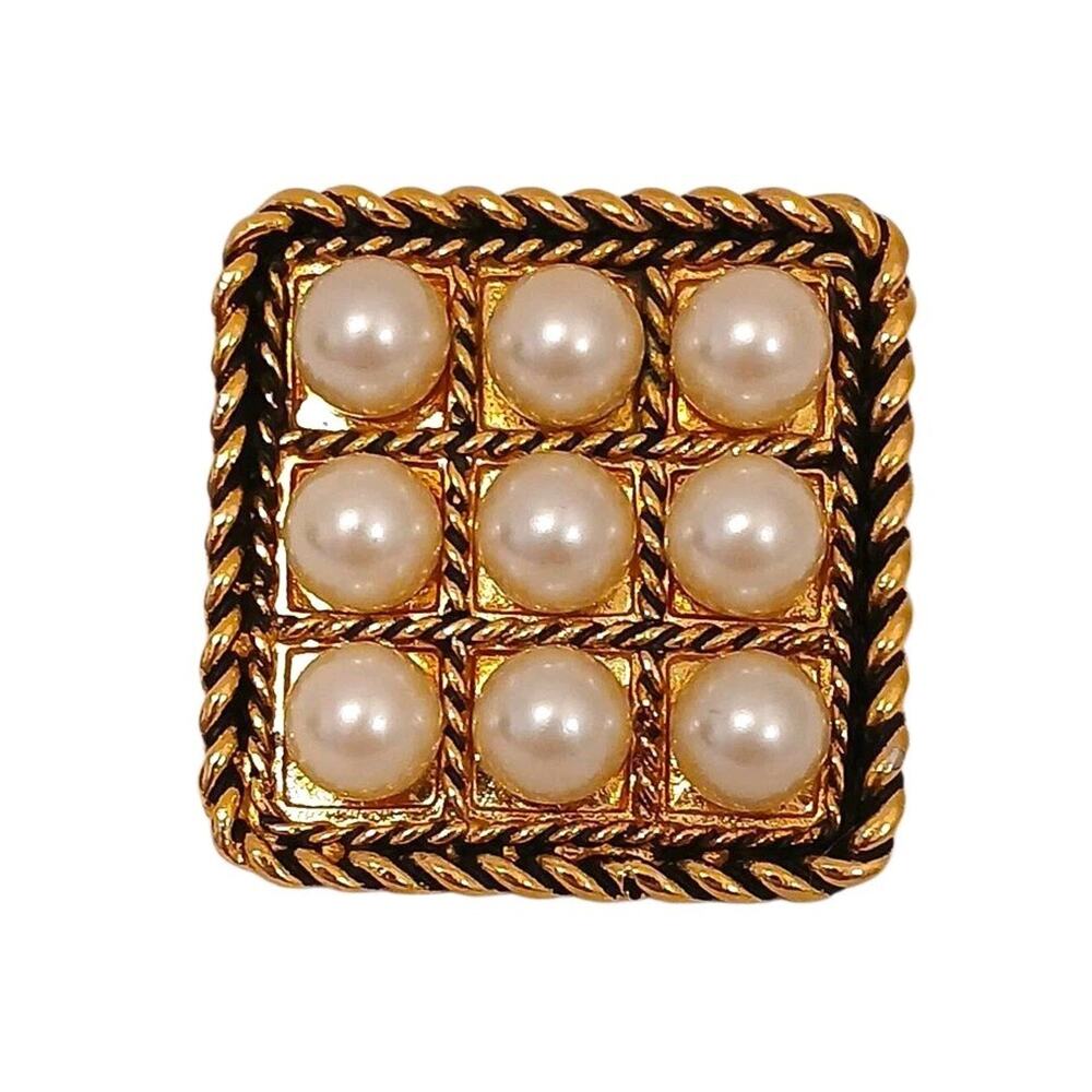 French Costume Brooche Faux Pearls 1.5" Pin Jacket Gold Tone Square Fancy Glam